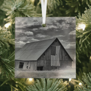Farms BW American Flag Barn Scene Glass Tree Decoration