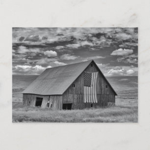 Farms   BW American Flag Barn Scene Postcard