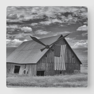 Farms   BW American Flag Barn Scene Square Wall Clock