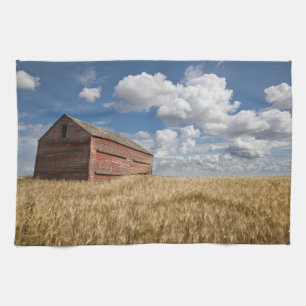 Farms   Old Red Barn in Wheat Field Tea Towel
