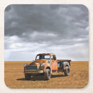 Farms   Old Truck in Field Square Paper Coaster