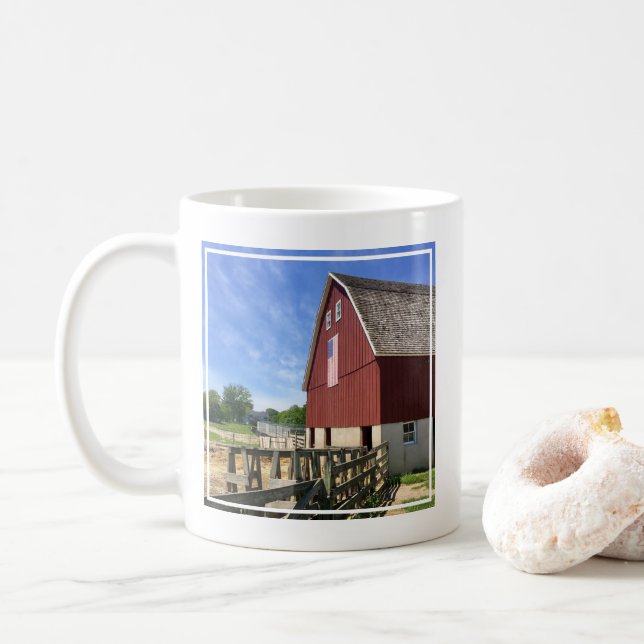 Farms | Red Barn With American Flag Coffee Mug (With Donut)