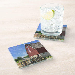 Farms Red Barn With American Flag Glass Coaster