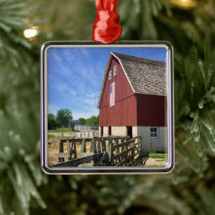 Farms Red Barn With American Flag Metal Ornament