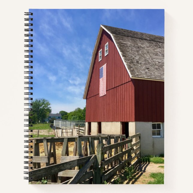Farms | Red Barn With American Flag Notebook (Front)