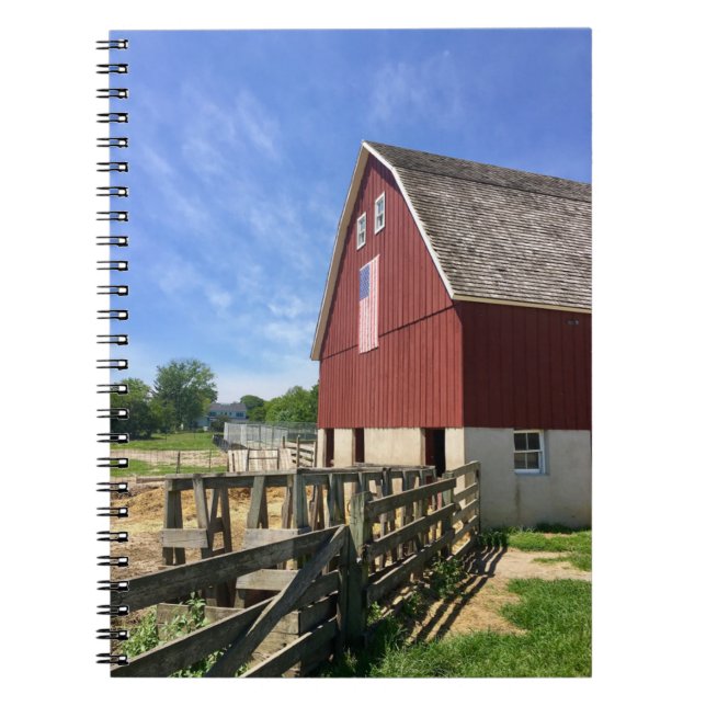 Farms | Red Barn With American Flag Notebook (Front)