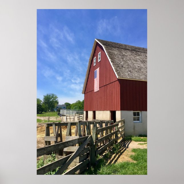 Farms | Red Barn With American Flag Poster (Front)