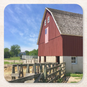 Farms Red Barn With American Flag Square Paper Coaster