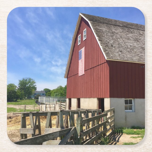 Farms | Red Barn With American Flag Square Paper Coaster (Front)