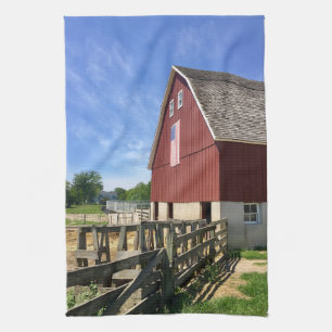 Farms Red Barn With American Flag Tea Towel