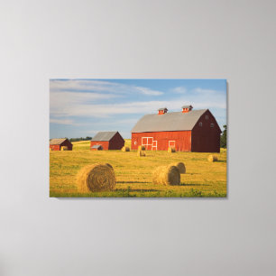 Farms Red Barns Near Hay Bales Canvas Print