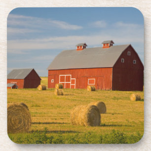 Farms   Red Barns Near Hay Bales Coaster