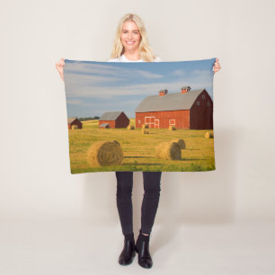 Farms Red Barns Near Hay Bales Fleece Blanket