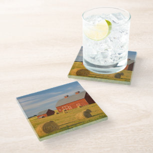 Farms Red Barns Near Hay Bales Glass Coaster