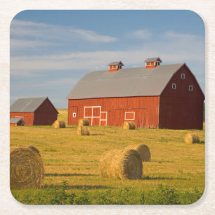 Farms   Red Barns Near Hay Bales Square Paper Coaster