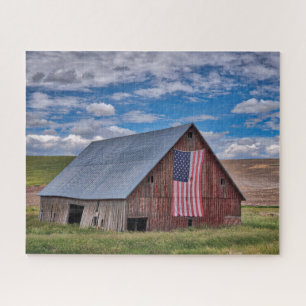 Farms   Rustic Red Barn With American Flag Jigsaw Puzzle