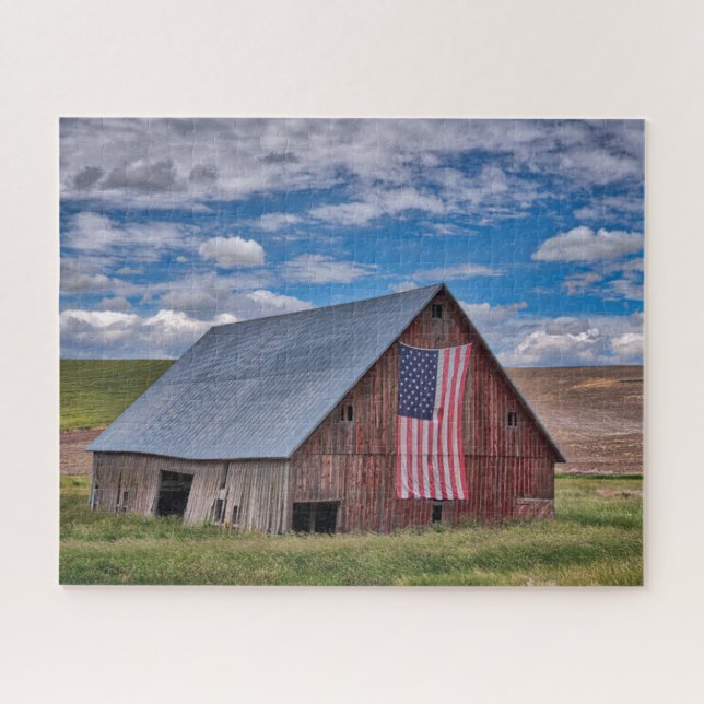 Farms | Rustic Red Barn With American Flag Jigsaw Puzzle (Horizontal)