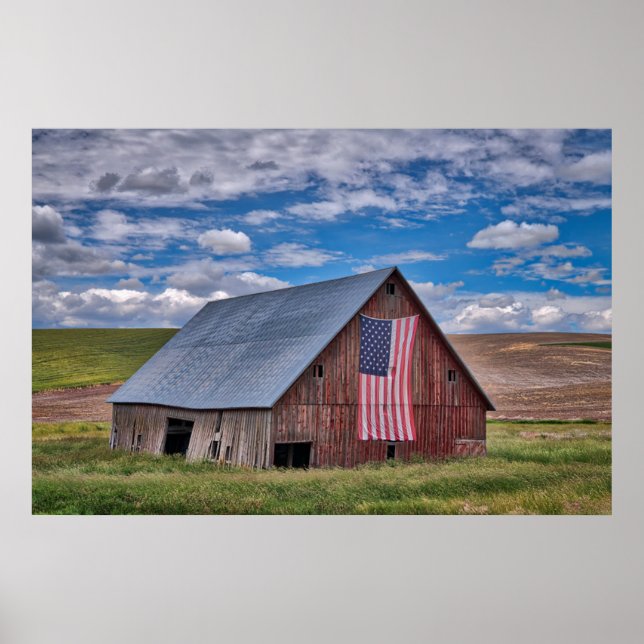 Farms | Rustic Red Barn With American Flag Poster (Front)