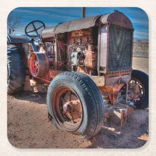 Farms   Rusty Antique Tractor Square Paper Coaster