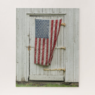 Farms   White Barn Door With American Flag Jigsaw Puzzle