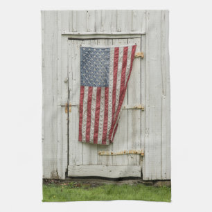 Farms White Barn Door With American Flag Tea Towel