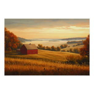 Farmstead at Sunrise with Rolling Hills Poster
