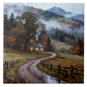 Farmstead In The Autumn Mountains Ceramic Tile