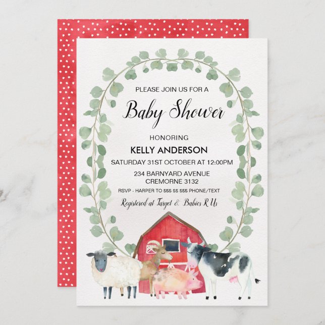 Farmyard Animals Wreath Baby Shower Invitation (Front/Back)