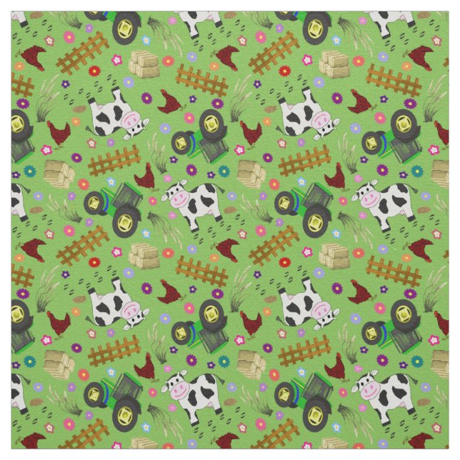 Farmyard Cow Scene Fabric (Swatch)