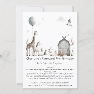 Farmyard First Birthday Party Fun Farm Celebration Invitation
