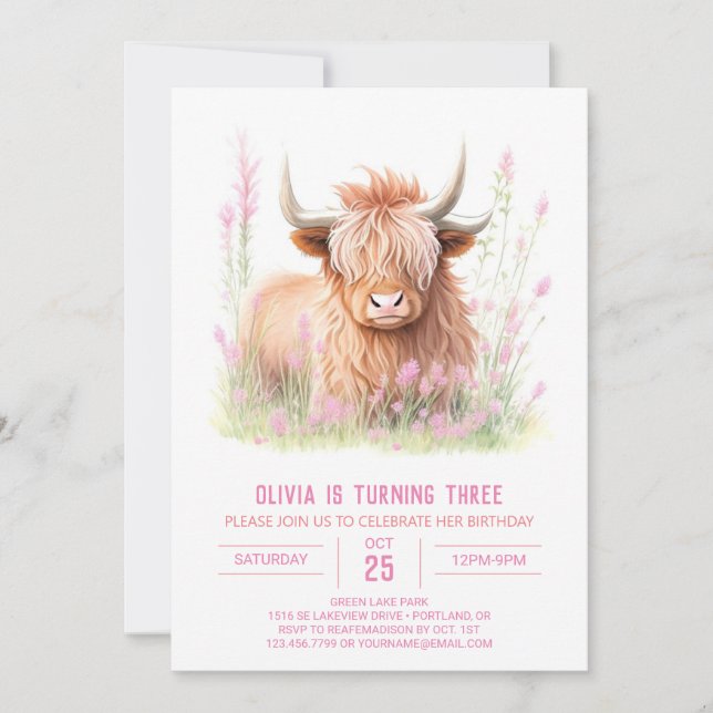 Farmyard Fun Highland Cow Girl Birthday Invitation (Front)