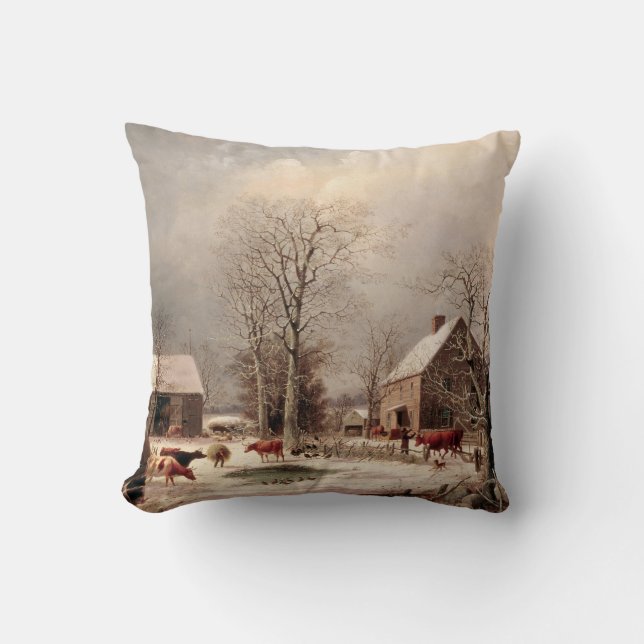Farmyard in Winter Painting by George Durrie Cushion (Front)