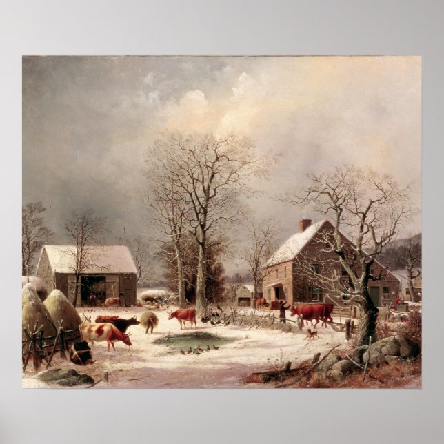 Farmyard in Winter Painting by George Durrie Poster (Front)