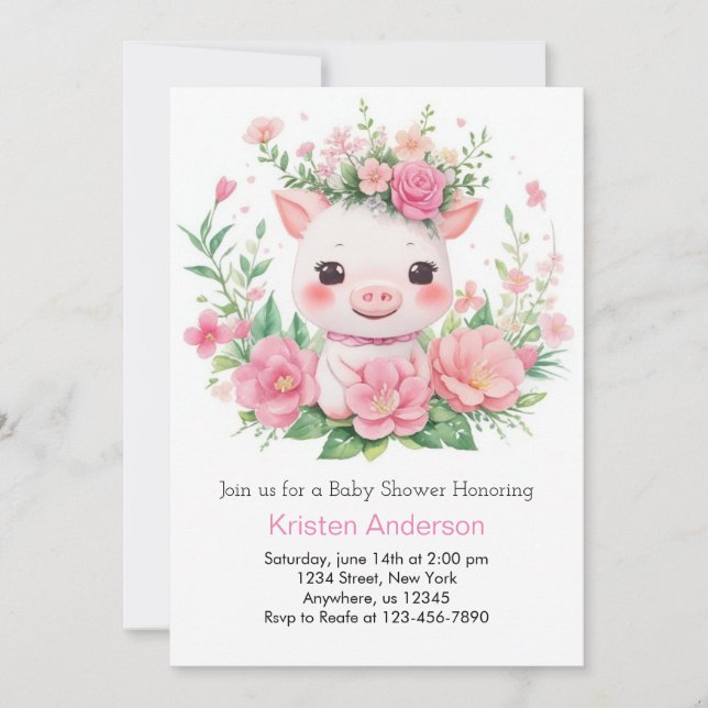 Farmyard Pink Piglet Blissful Girl Baby Shower Invitation (Front)