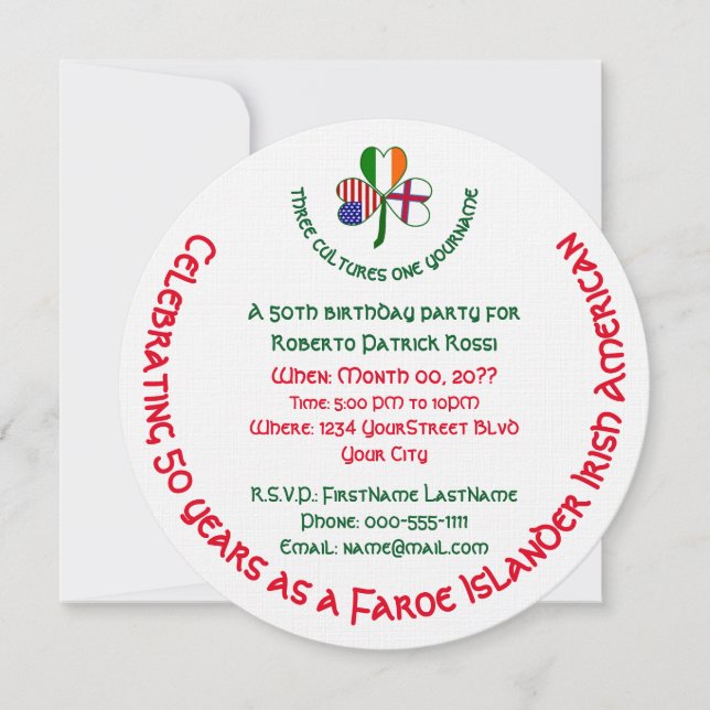 Faroe Islander Irish USA Shamrock Birthday Invitation (Front)