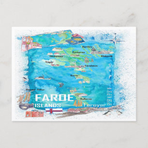 Faroe Islands Illustrated Travel Map  Postcard