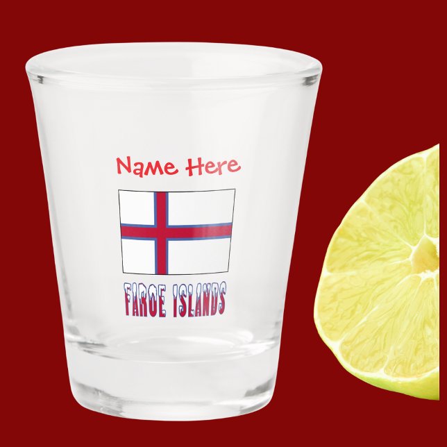 Faroe Islands Islander Flag Red Personalised  Shot Glass (Shot glass has Faroe Islander Flag with words FAROE ISLANDS below in snow capped letters. Add a name)