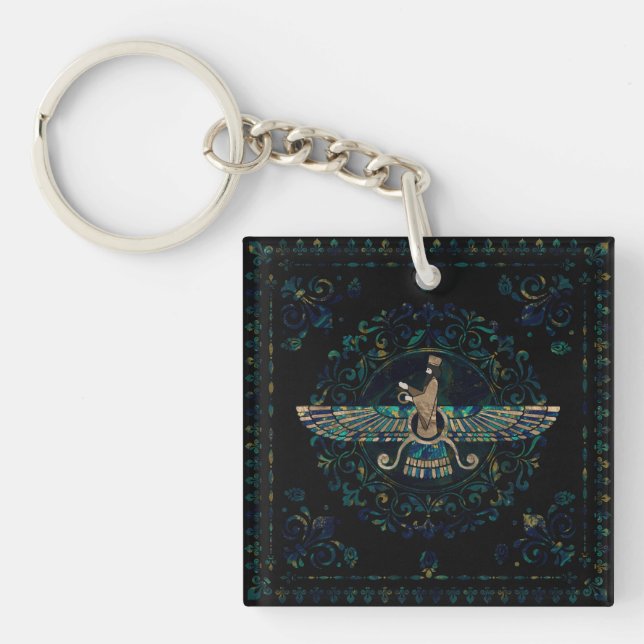 Farohar - Faravahar - Fravashi Marble and Gold Key Ring (Front)
