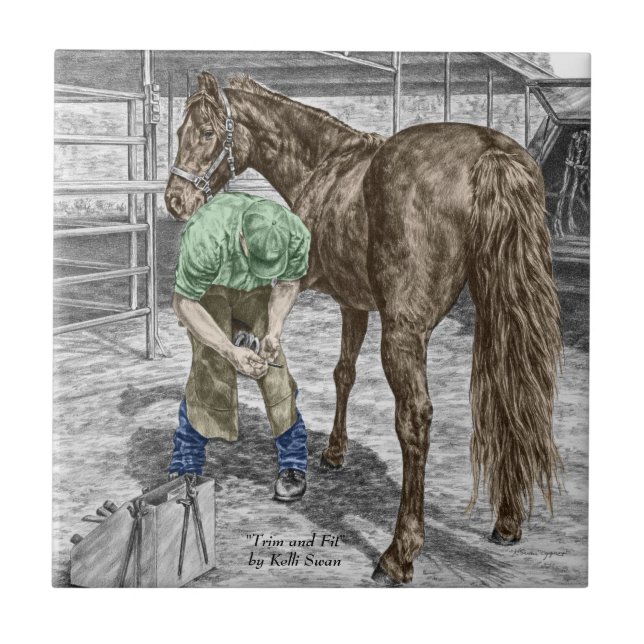Farrier Blacksmith Trimming Horse Hoof Ceramic Tile (Front)