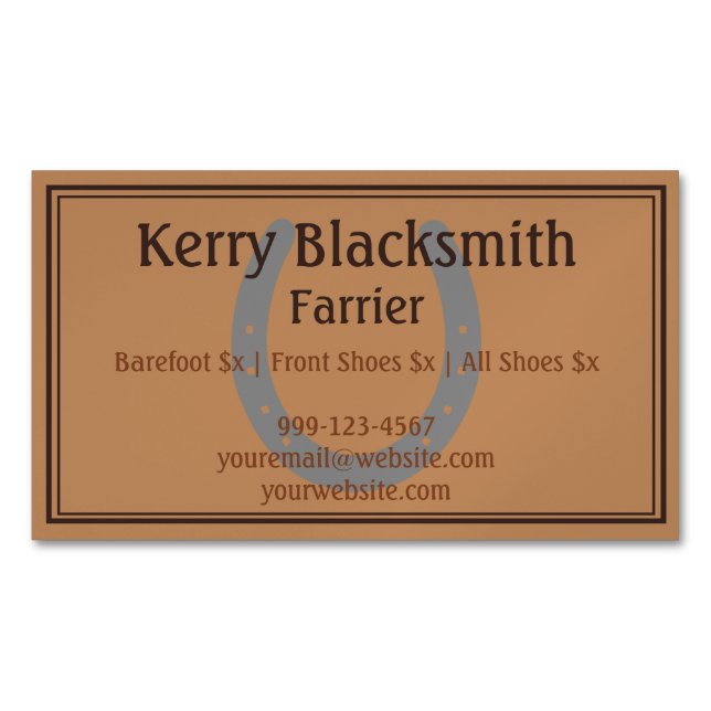 Farrier Horseshoeing and Trim - Light Leather Magnetic Business Card (Front)