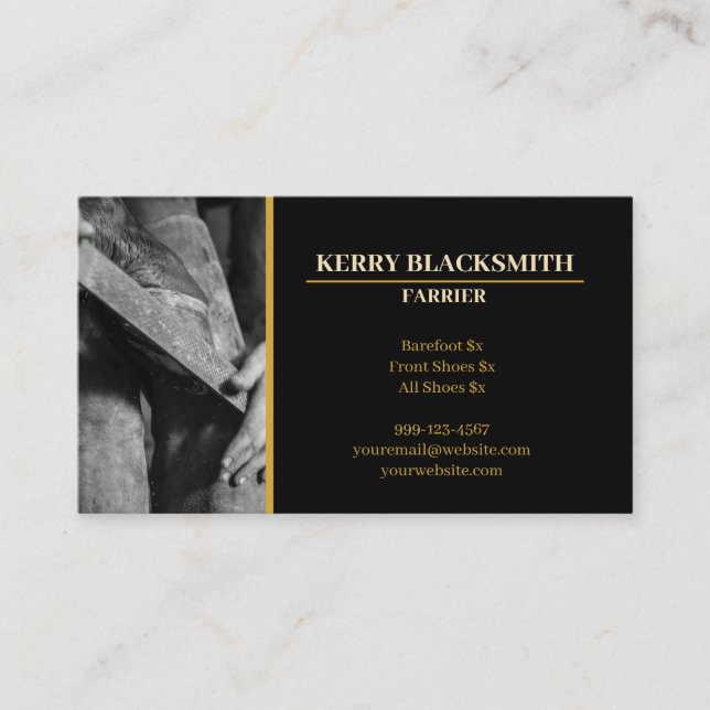 Farrier - Horseshoeing + Barefoot Trim, Black+Gold Business Card (Front)