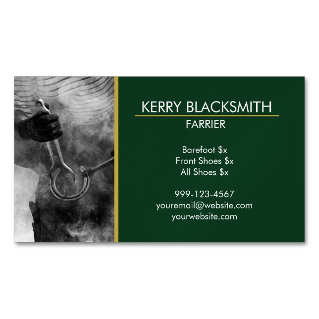 Farrier - Horseshoeing + Barefoot Trim, Green+Gold Magnetic Business Card (Front)