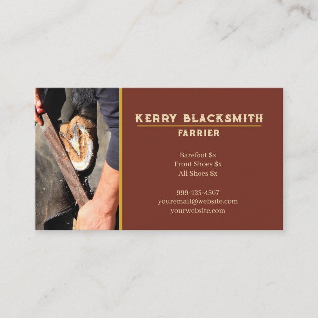 Farrier Horseshoeing + Barefoot Trim, Rust + Gold Business Card (Front)