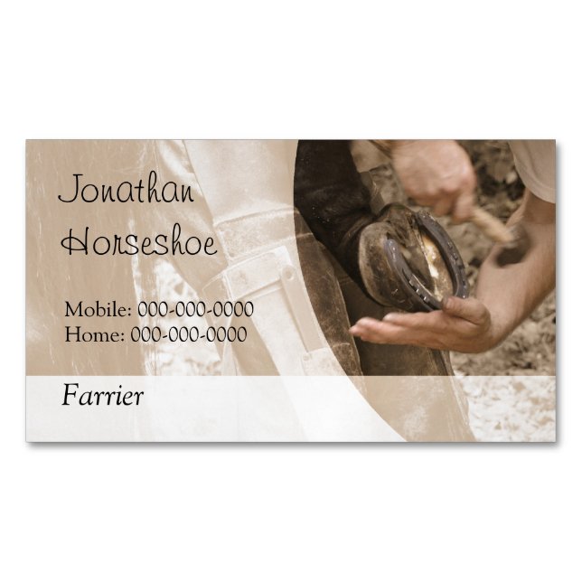 Farrier shoeing a horse 	Magnetic business card (Front)