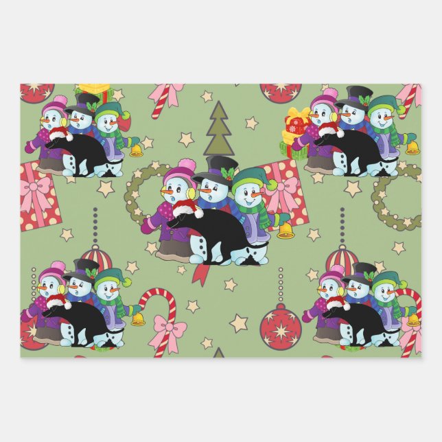 Farting Christmas Snowmen Pattern Wrapping Paper Sheet (Front 3)