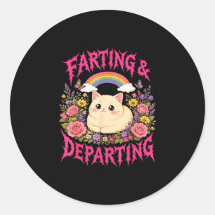 Farting departing cat rainbow flowers funny classic round sticker