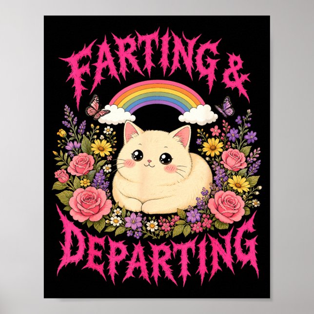 Farting departing cat rainbow flowers funny poster (Front)