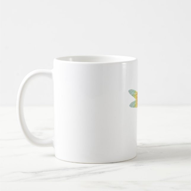 fascinating iridescent drawing of a dragonfly coffee mug (Left)