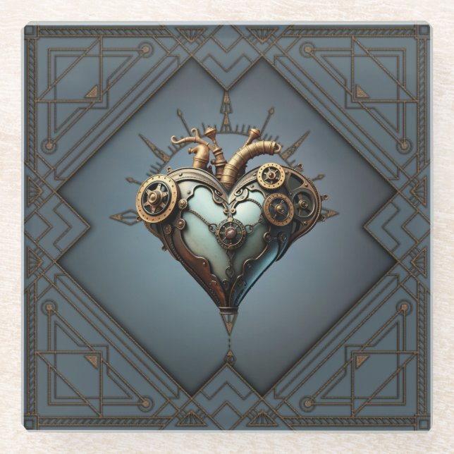 Fascinating steampunk heart glass coaster (Front)