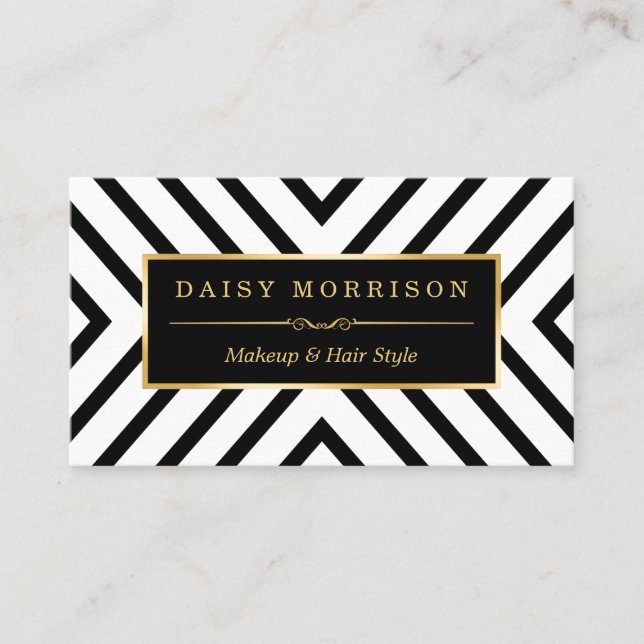 Fashion Beauty Gold Black White Line Pattern Business Card (Front)